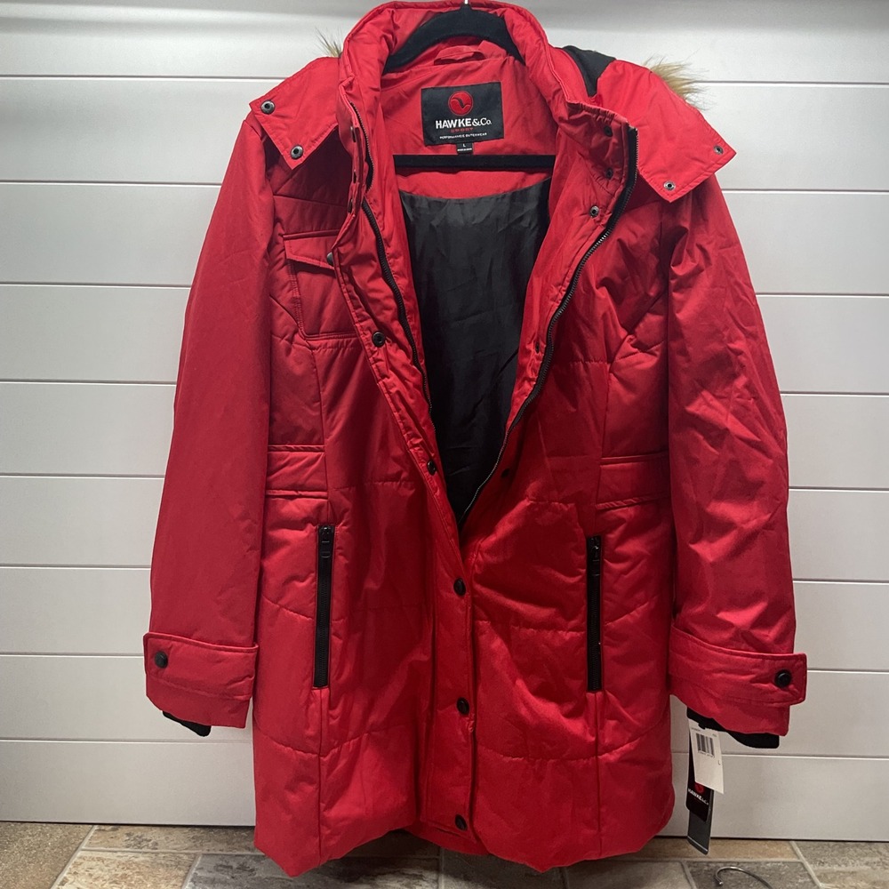 Hawke & Co Sport Mens Large Red Quilted Parka Faux Fur Hood Jacket L4H9943H